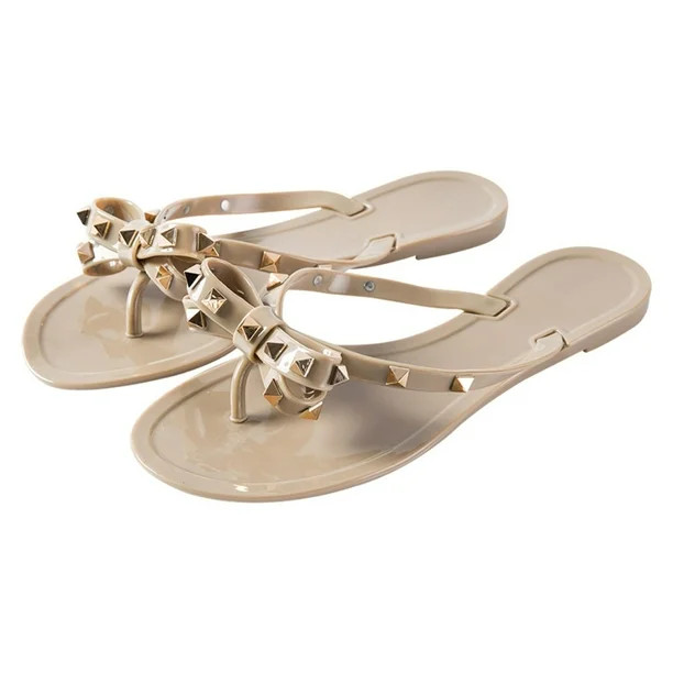 Women Jelly flip Flop Bow Sandals-Beach Flat Rivets Rain Ankle Strap Thong Nude - Walmart.com | Walmart (US)