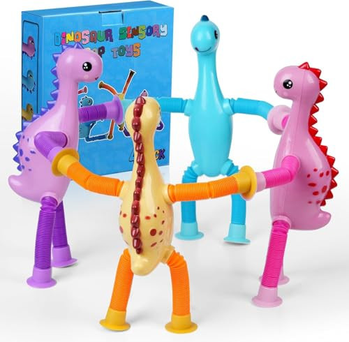 4PCS Dinosaur Pop Sensory Tube,Airplane Travel Toys for Toddlers Kid Boys Girls Year Old Ages 3+ ADHD Autism Plane Road Trip Activities Essential Suction Cup Pop Dino Fidget Toys Autistic Gifts | Amazon (US)