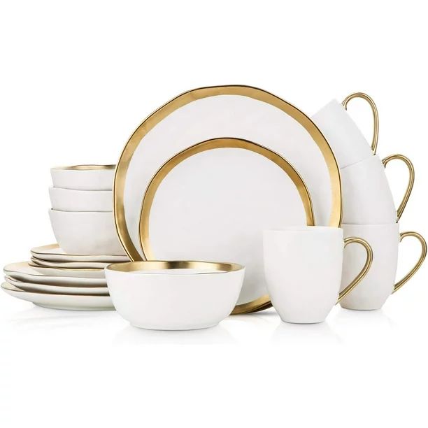 Stone Lain Porcelain 16 Piece Dinnerware Set, Service for 4, White and Golden Rim - Walmart.com | Walmart (US)