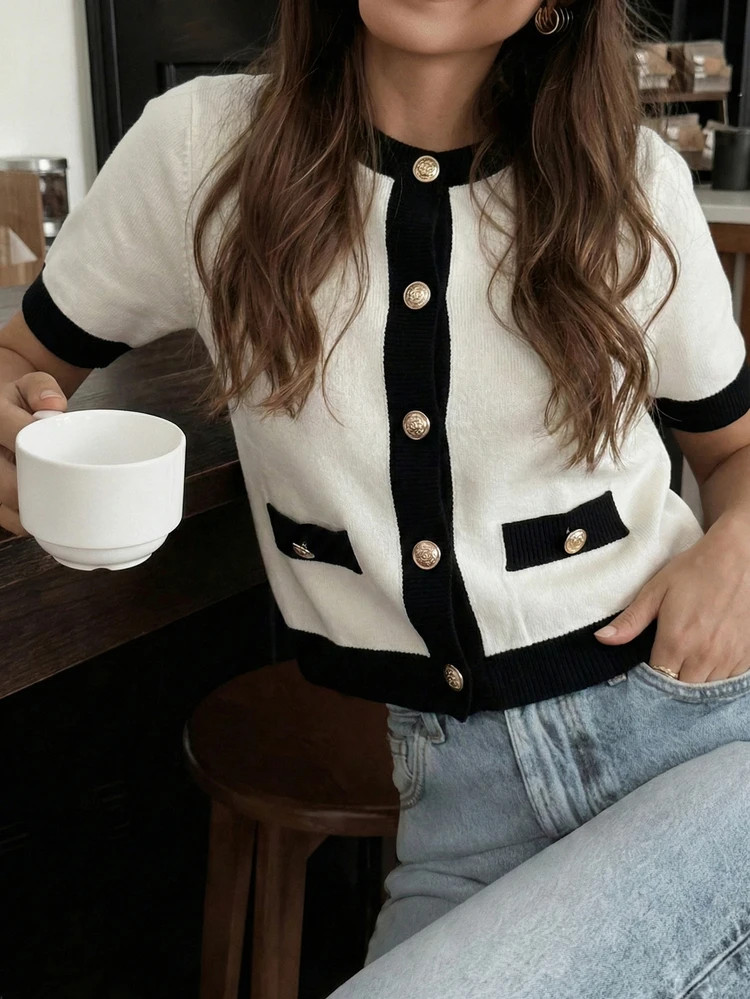 FOR BEAUTY Women's New Spring/Summer Top, Romantic Color Block Design, Minimalist Casual Commute Style, Knit Short Sleeve Blouse | SHEIN