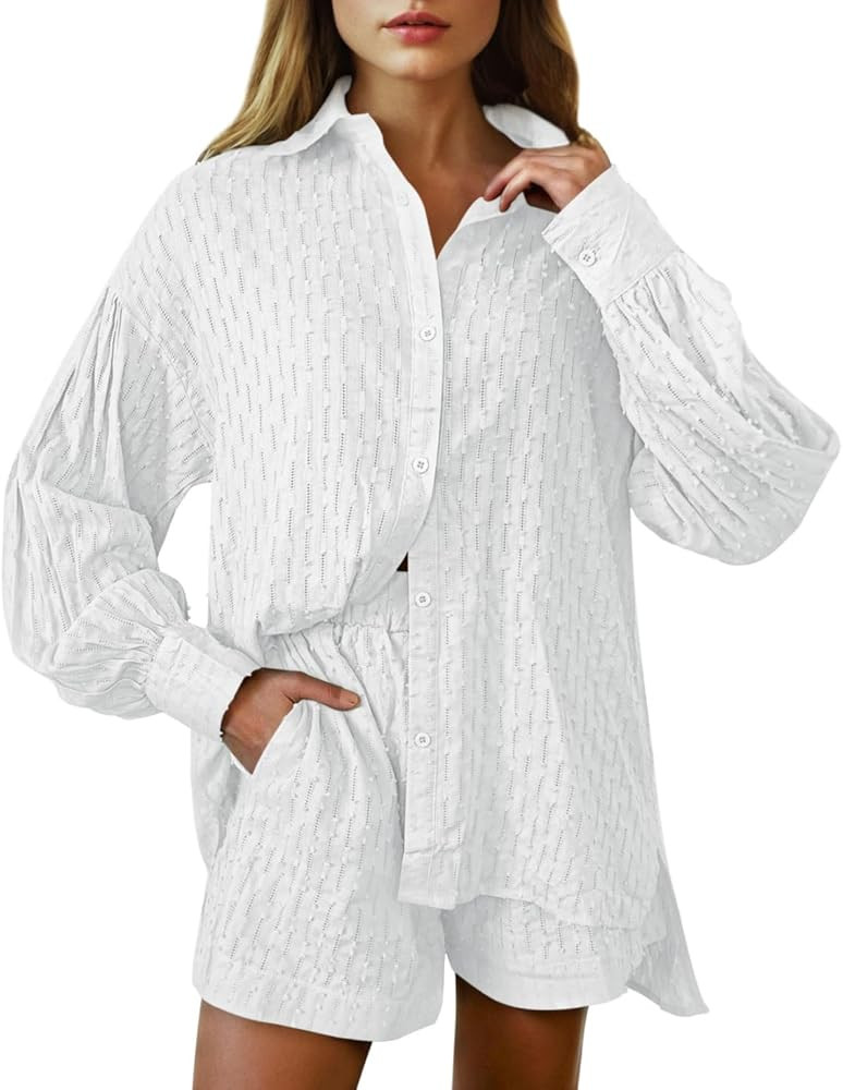 Women's 2 Piece Outfits Oversized Long Puff Sleeve Blouse Shirt High Waisted Side Pocket Shorts S... | Amazon (US)