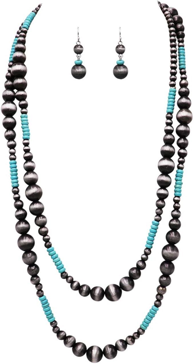 Rosemarie Collections Women's Extra Long Metallic and Turquoise Bead Statement Western Necklace a... | Amazon (US)