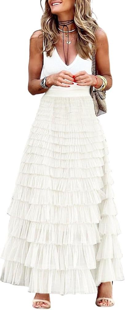 ebossy Women's Ruffled Tiered Tutu Tulle Skirt Stretchy A-line Prom Party Long Skirt | Amazon (US)