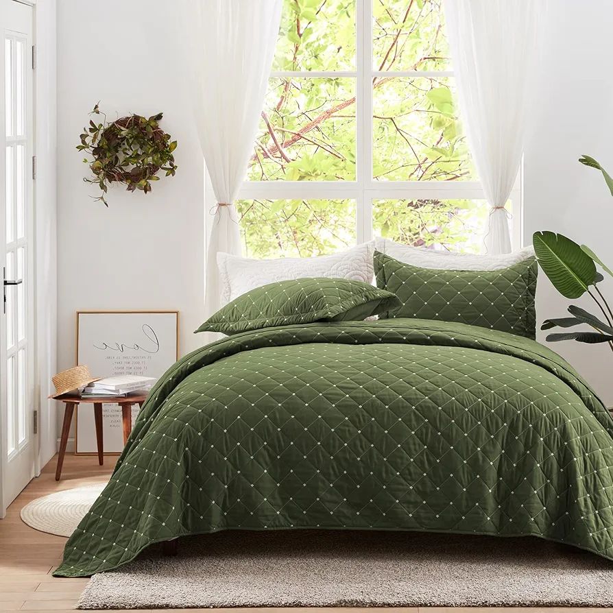 SunStyle Home Quilt Set Full/Queen Olive Green Lightweight Bedspread Coverlet Set Diamond Pattern... | Amazon (US)