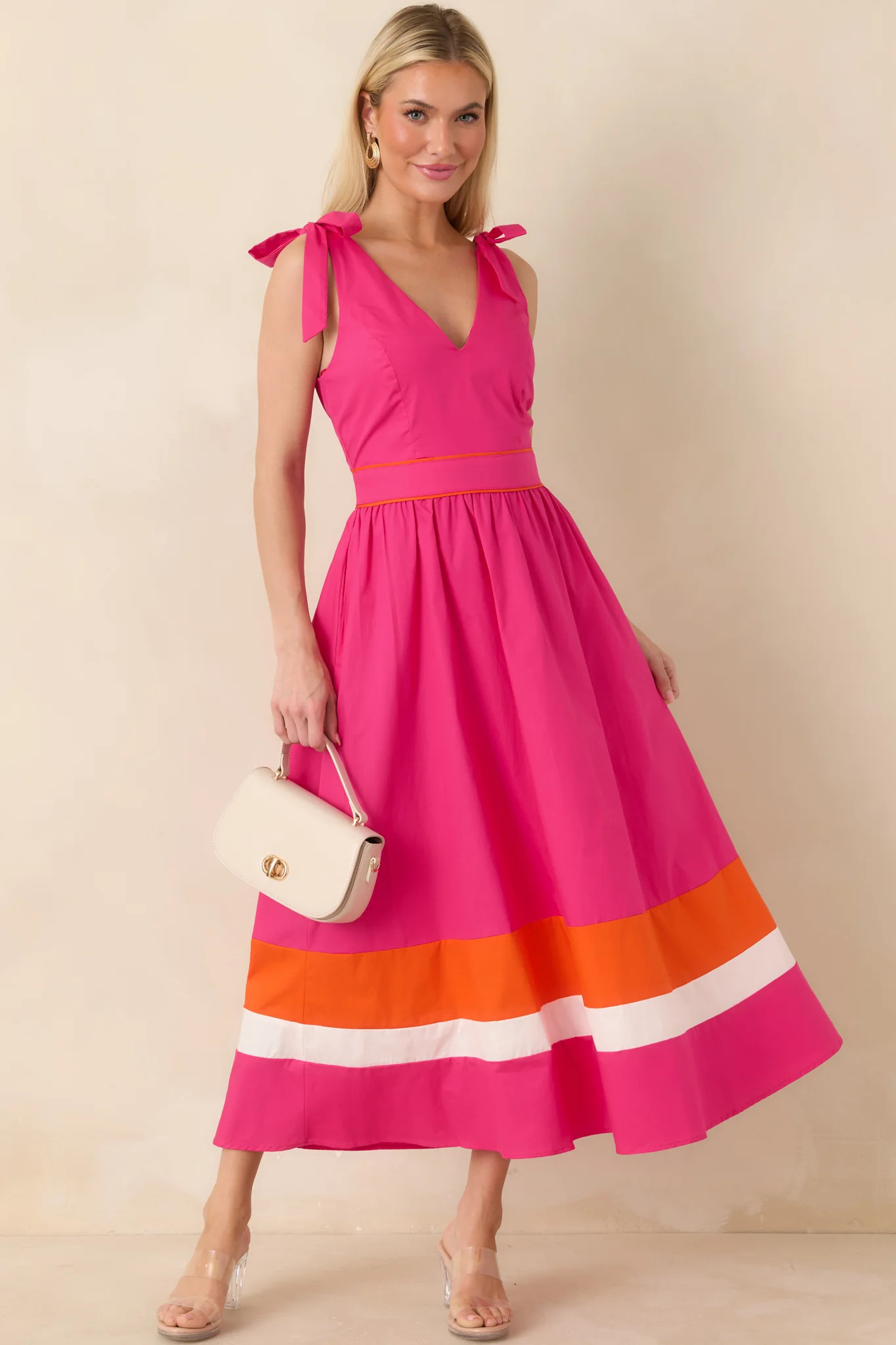 Just Getting Started Fuchsia Pink & Orange Cotton Tie Strap Midi Dress | Red Dress