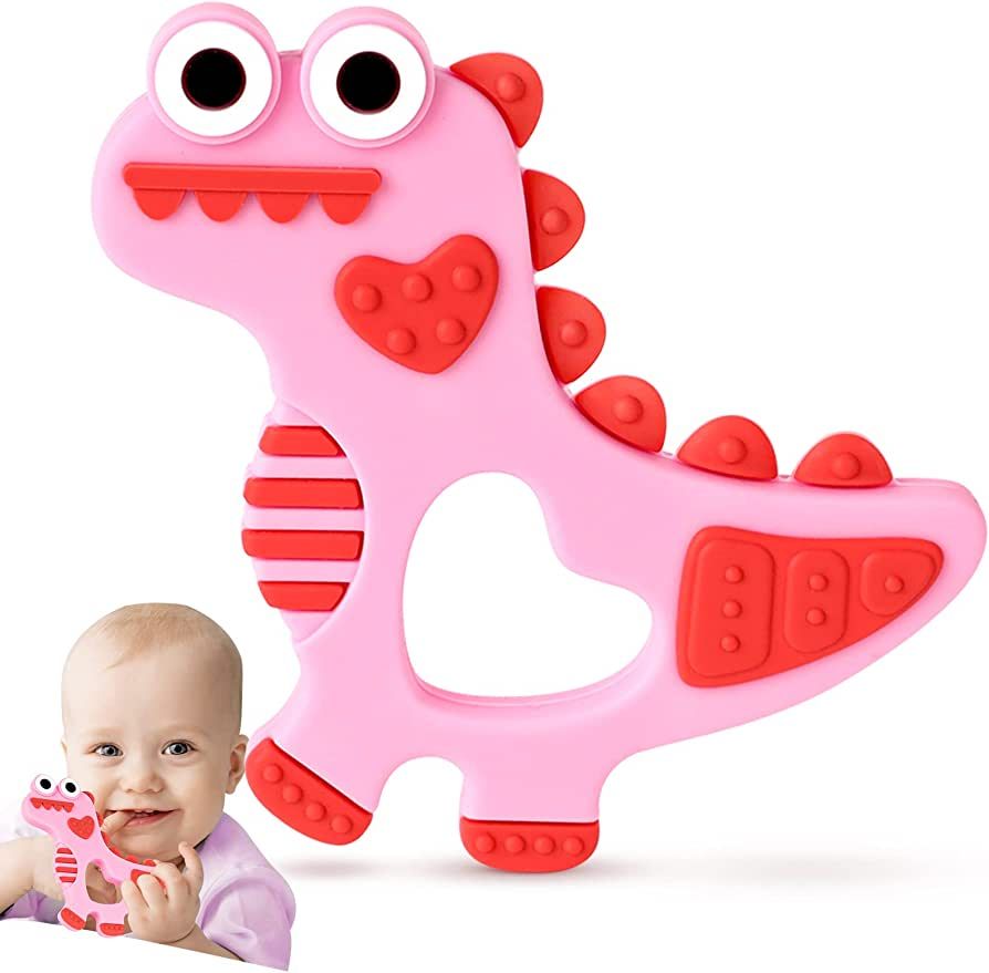 NPET Pink Dinosaur Teething Toys for Babies 0-6/6-12 Months Silicone Baby Teething Toy Gift Girls Bo | Amazon (US)