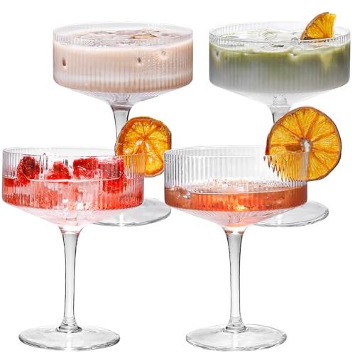 Cyrelwing Ribbed Coupe glasses set of 4-10oz Champagne Coupe Glasses Vintage Coupe Cocktail Glasses,Handmade Coupe Glasses,Long Stem Coupe Classic Cocktail Galssware,Bar Drinking Glasses Set | Amazon (US)