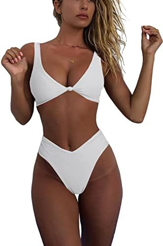 geluboao Bikini Set for Women Solid V Neck Knot Front Push Up High Leg Thong Two Piece Swimsuit | Amazon (US)