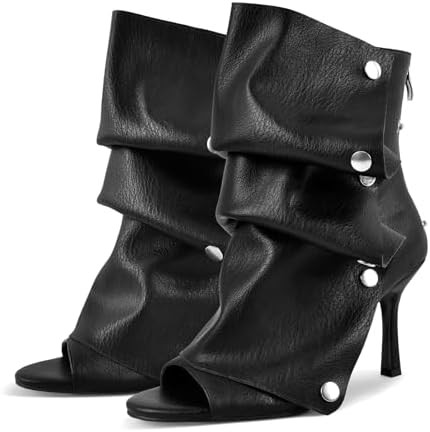 sexytag Women's Peep Toe Booties Slouchy Stiletto Kitten Heel Shark Boots Open Toe Back Zipper Fa... | Amazon (US)