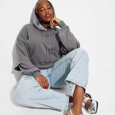 Women's Layered Sleeve Hooded Sweatshirt - Wild Fable™ Black Wash 2X: Loose Fit, Kangaroo Pocket, French Terry | Target