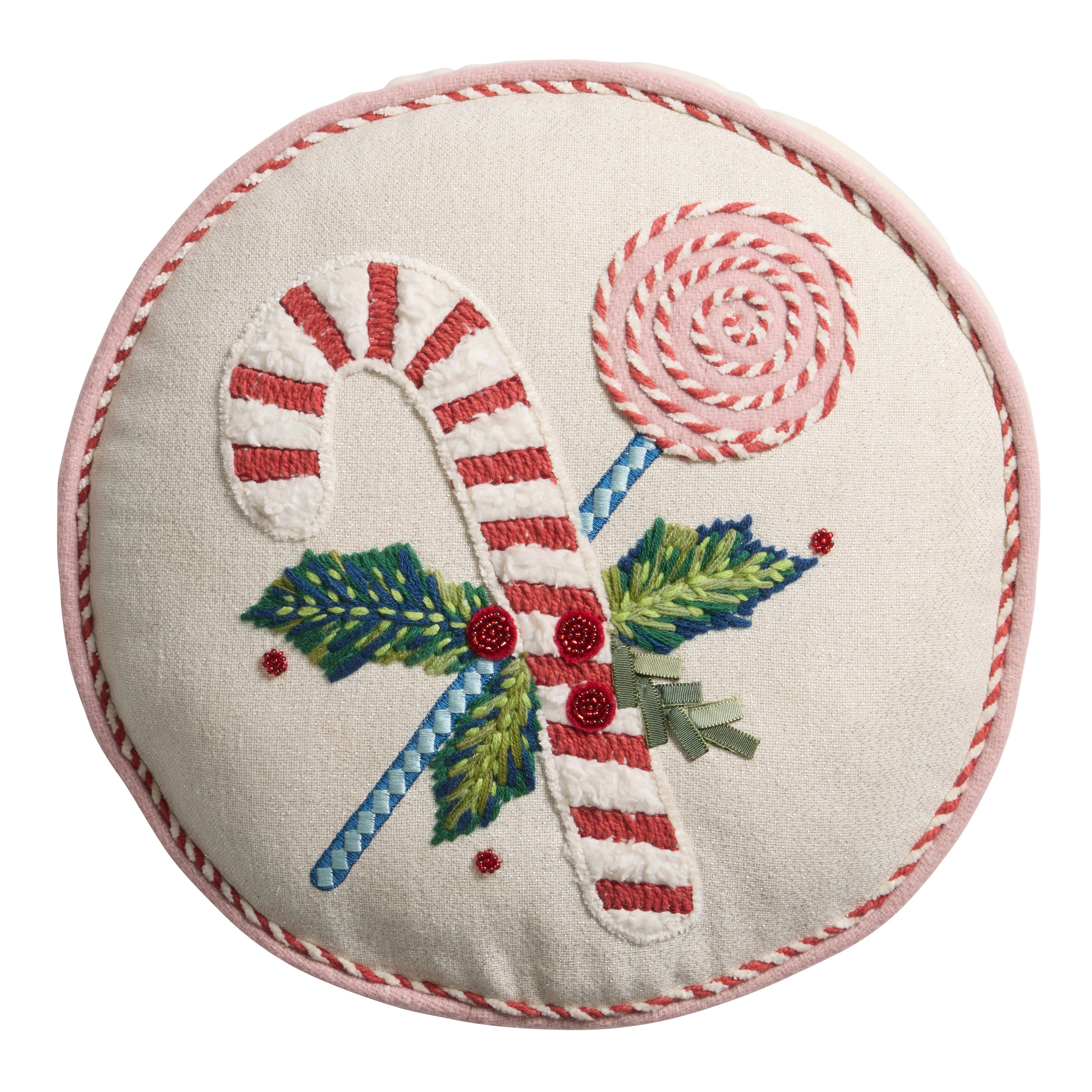 Round Ivory and Red Candy Cane Embroidered Throw Pillow | World Market
