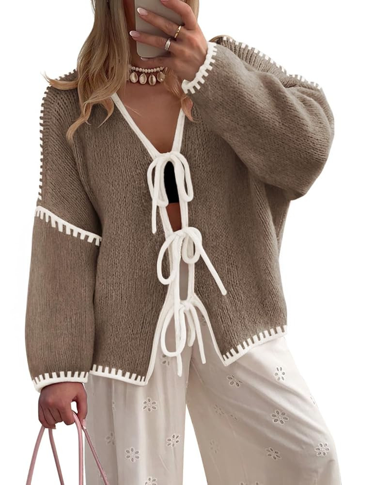 ZESICA Women's Tie Front Bow Cardigan Sweaters 2025 Casual Long Sleeve Knit Color Block Fall Wint... | Amazon (US)