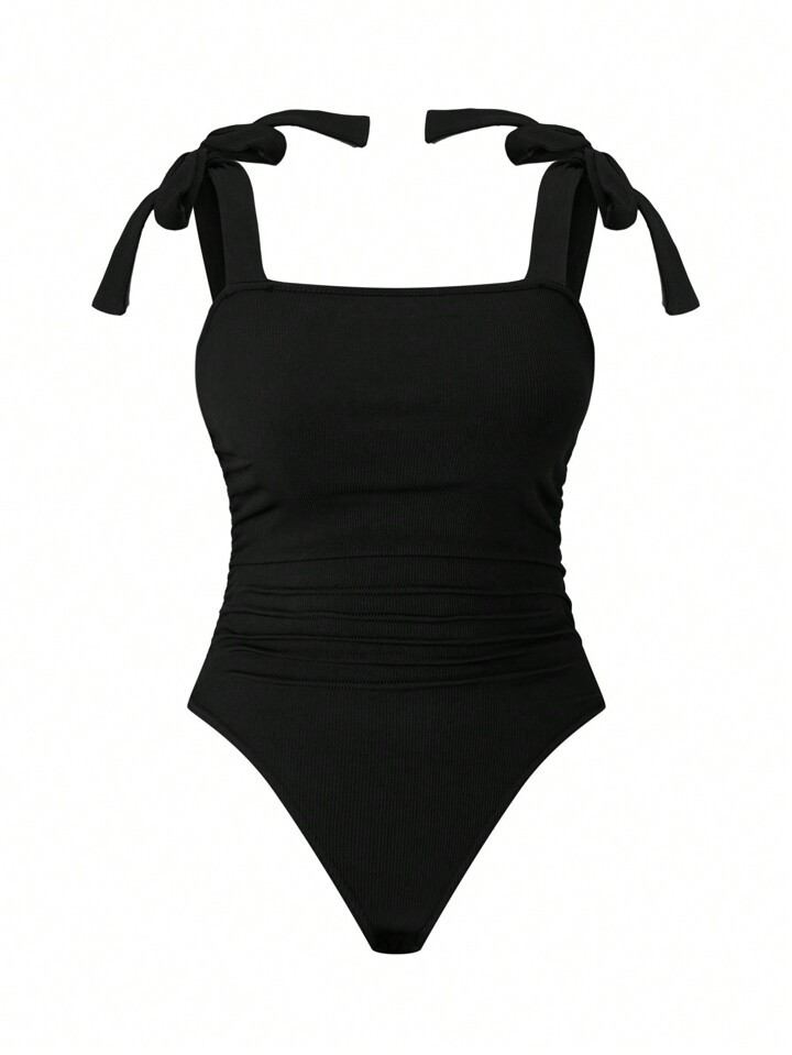 SHEIN Privé Plus Size Knotted Shoulder Ruched Cami Bodysuit | SHEIN
