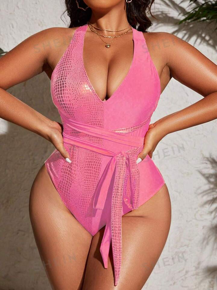 SHEIN Swim Event Plus Size Summer Beach Crocodile Pattern Belted One-Piece Swimsuit | SHEIN