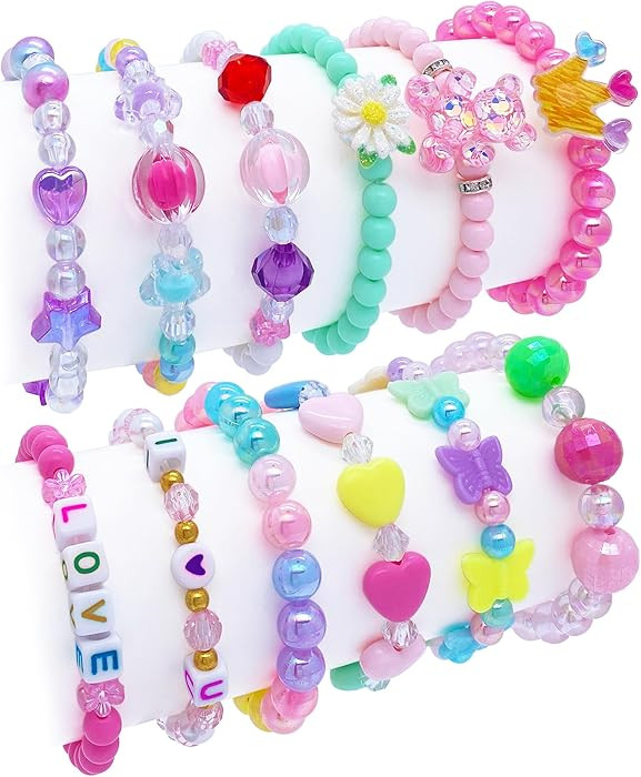 12 PCS Kids Bracelets for Girls Jewelry Little Girl Beaded Bracelets Flower Butterfly LOVE Letter... | Amazon (US)