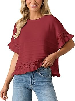 Yeokou Womens Short Sleeve Sweater Round Neck Ruffled Hem Knit Crochet Pullover Summer Fall Casua... | Amazon (US)