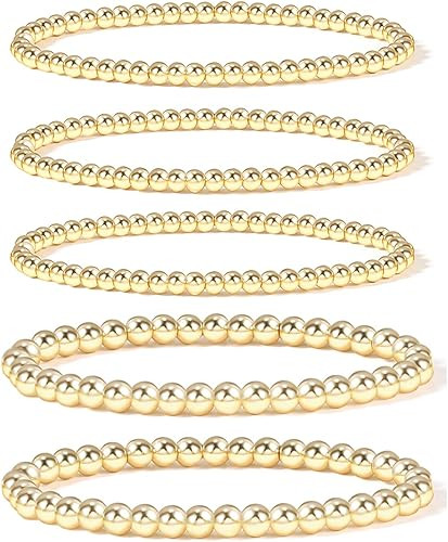 Gold Bead Bracelet for Women,14K Gold Plated Bead Ball Bracelet Stretchable Elastic Bracelet | Amazon (US)