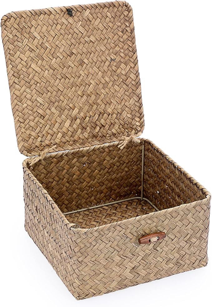 Hipiwe Wicker Shelf Baskets Bin with Lid Handwoven Seagrass Storage Basket Container Square Multi... | Amazon (US)