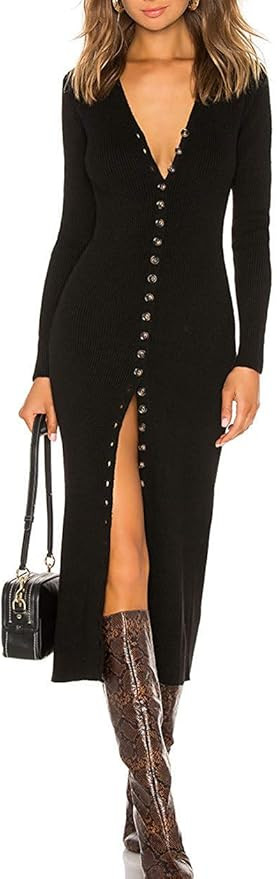 CMZ2005 Women's Button Down Long Sleeve Cardigan Outerwear Sweater Dress Bodycon Party Maxi Dress... | Amazon (US)