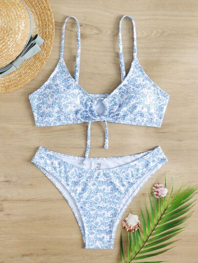 Ditsy Floral Tie Front Bikini Swimsuit | SHEIN
