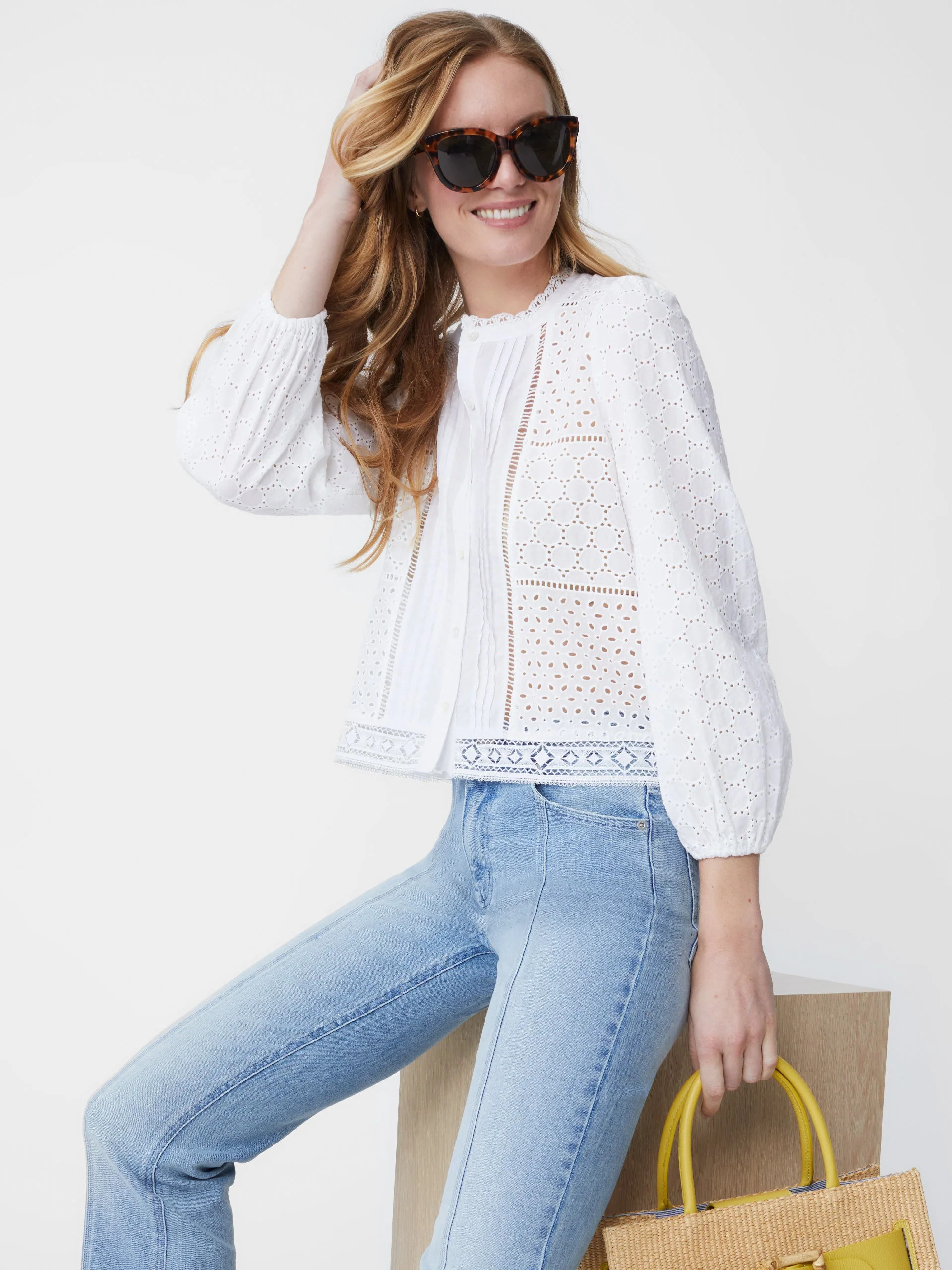 J.McLaughlin Women's Francoise Eyelet Blouse White, Size Small | Cotton | J.McLaughlin