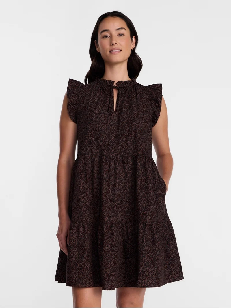 Time and Tru Women's and Women's Plus Cotton Mini Dress with Flutter Sleeves, Sizes XS-4X | Walmart (US)