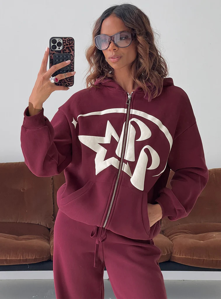 Princess Polly Stargirl Zip Through Jumper Burgundy | Princess Polly US