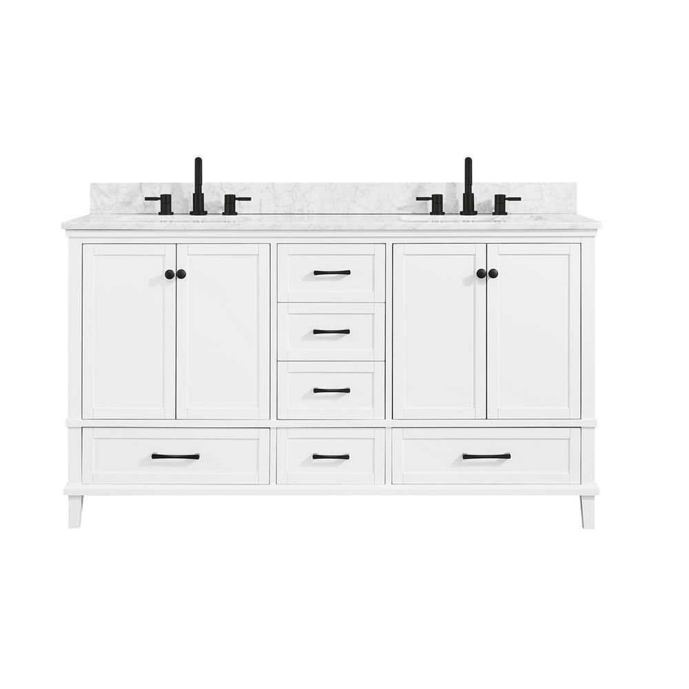 Home Decorators Collection Merryfield 61 in. W x 22 in. D Bath Vanity in White with Marble Vanity... | The Home Depot