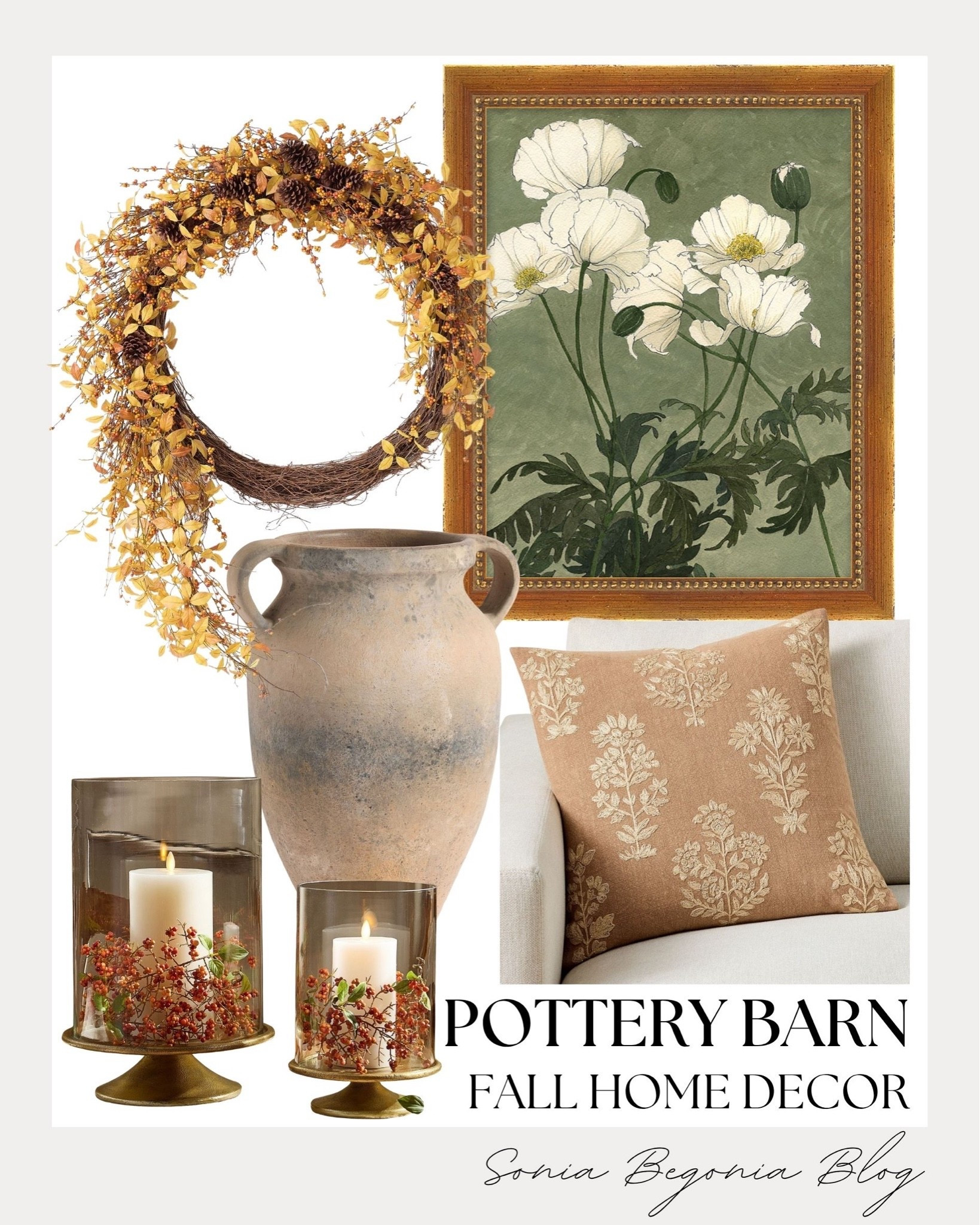 Cozy Pottery Barn fall home finds! 🍂 I selected warm autumn accents including framed botanical wall art, a yellow foliage wreath, and a neutral patterned throw pillow.
I added a rustic amphora vase and hurricane candle holders with berry details to complete the serene space. 🌾✨

@Pottery Barn