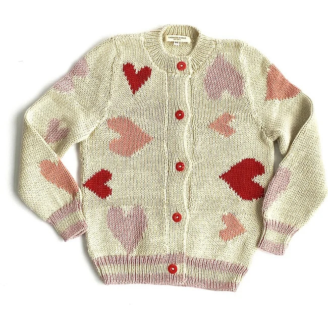 Cabbages & Kings | Ivory Heart Cardigan Sweater, Pink (White Prints Red Cream, Size 6-8Y) | Maisonet | Maisonette