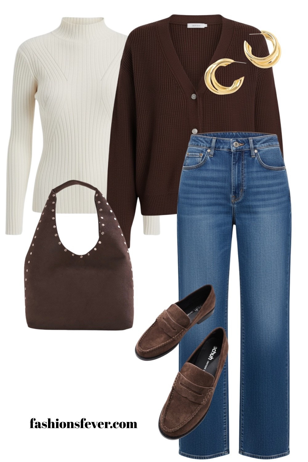 Fall Winter Outfits 2025 For Women! A polished white turtleneck with a brown cardigan and blue wide-leg jeans, brown suede bag and brown suede loafers, perfect for an elevated casual fall looks.

#ltkfashion #ltkfall

#LTKStyleTip #LTKSeasonal