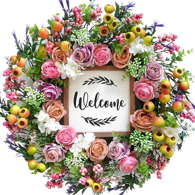Bibelot Spring Wreath for Front Door, 18 inch Artificial Berries and Colorful Flower Wreath with ... | Amazon (US)
