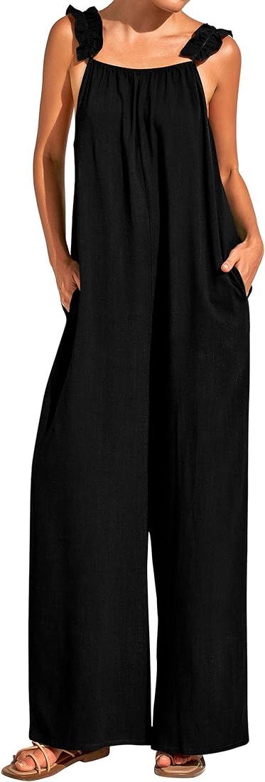 KIRUNDO Womens Overalls Casual Loose Sleeveless Wide Leg Jumpsuits Ruffle Spaghetti Strap Long Pa... | Amazon (US)