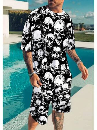 Summer Tshirt Shorts 2 Pieces Set Tracksuit Men's Skull 3D Print Clothes Men Sets Short Outfits D... | SHEIN