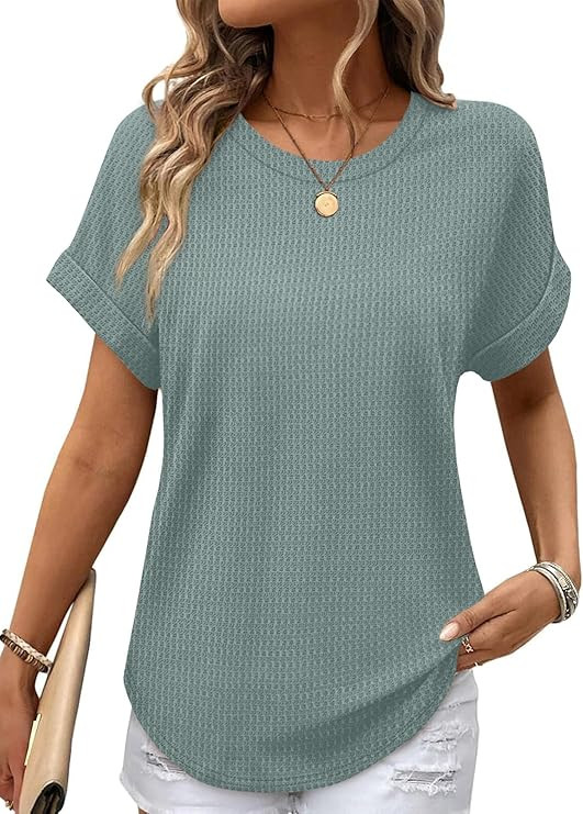 Sampeel Summer Tops for Women 2026 Trendy Rolled Short Sleeve Shirts Waffle Knit Crew Neck Tops C... | Amazon (US)
