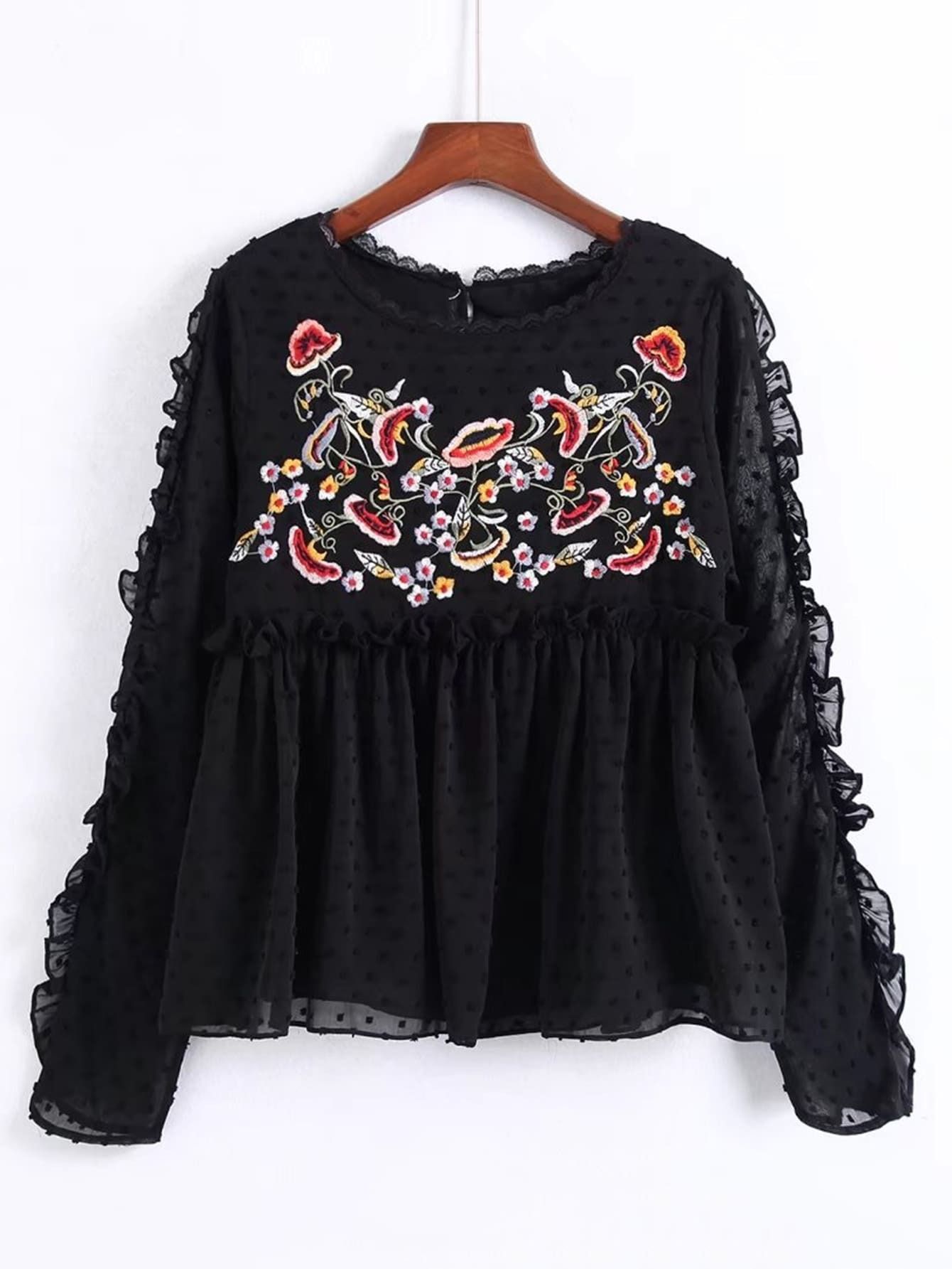 Embroidered Flower Frill Edge Babydoll Blouse | SHEIN