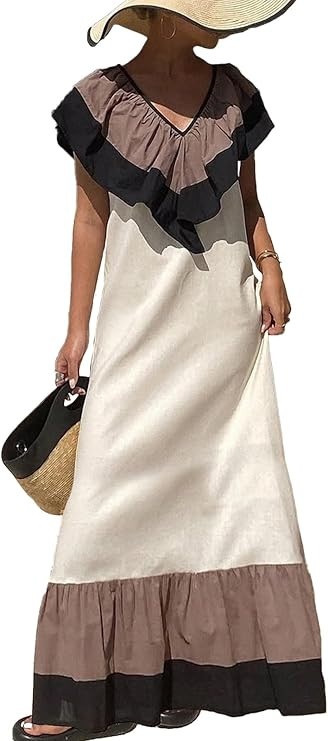 Womens Boho V-Neck Ruffled Maxi Dress Colorblock Loose Summer Beach Flowy Long Smock Dress Sundre... | Amazon (US)