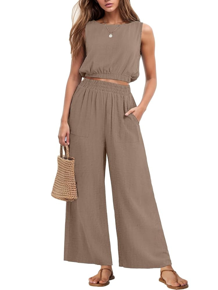 GRECERELLE Two Piece Sets for Women Sleeveless Crop Top Wide Leg Pants Sweat Set for Women Tracks... | Amazon (US)