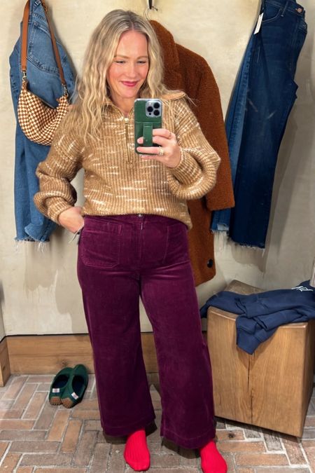 Anthropologie try-on. The Colette pants in a gorgeous color and corduroy texture. Varley subtle stripe sweater. Red socks are sold out but linking my favorite colored tights! 
Love, Claire Lately 

#LTKSeasonal #LTKworkwear #LTKstyletip