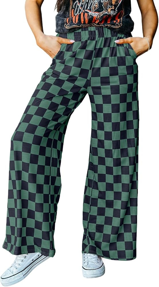 Acelitt Womens Casual Checkered Pants Elastic Waist Comfy Loose Wide Leg Pants with Pockets | Amazon (US)