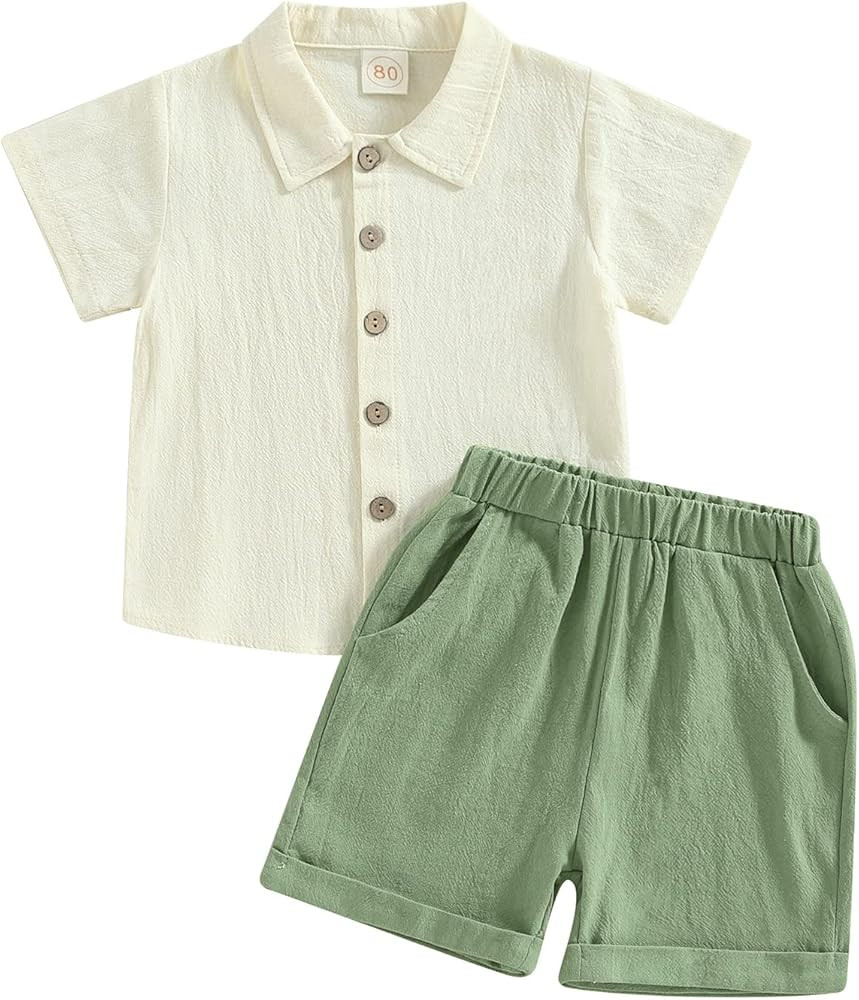 Karuedoo Toddler Baby Boy Clothes Cotton Linen Short Sleeve Button Down Shirt Shorts Set 2Pcs Sum... | Amazon (US)