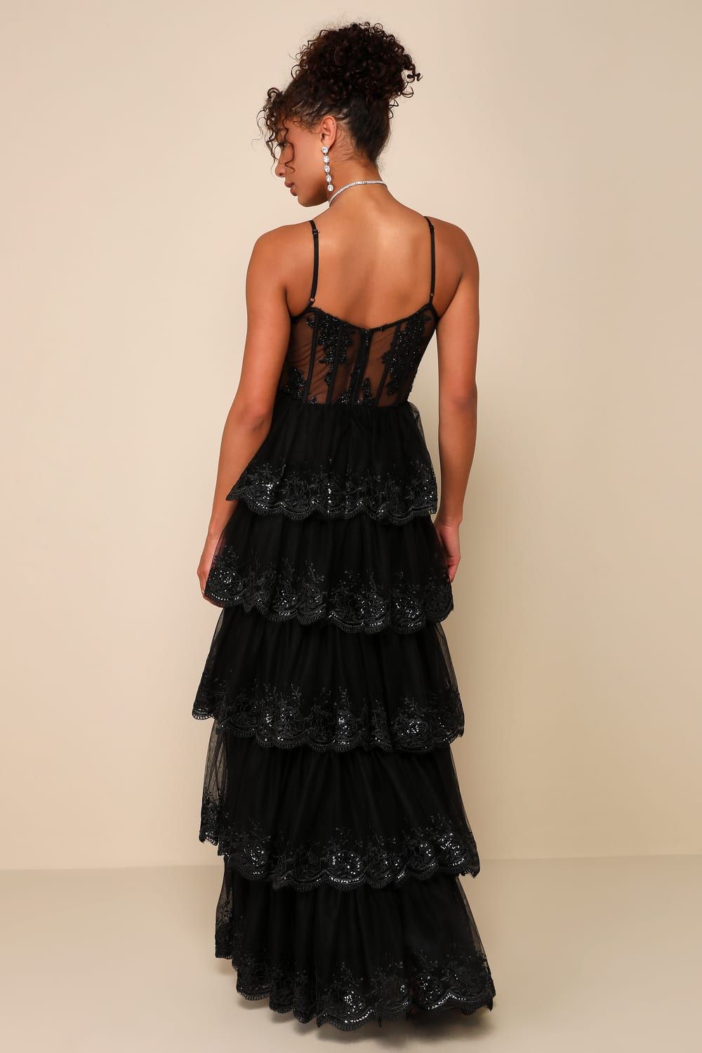 Alluring Sensation Black Tulle Embroidered Tiered Maxi Dress | Lulus