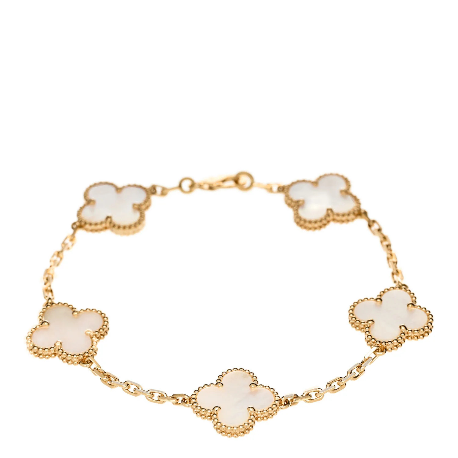 18K Yellow Gold Mother of Pearl 5 Motifs Vintage Alhambra Bracelet | FASHIONPHILE (US)