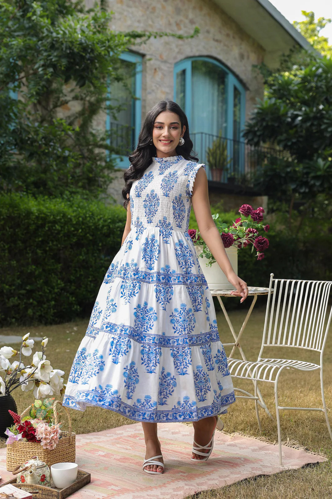 Hand Block Printed Dress|summer Dress|blue & White Midi Length Dress|cotton Floral Dress A Line D... | Etsy (US)