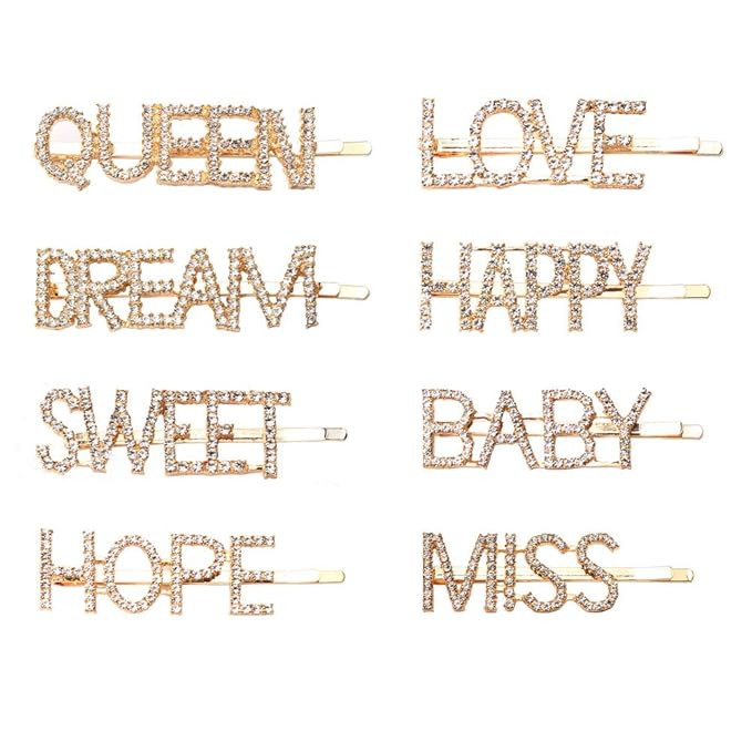 Rhinestones Letter Hair Clips, 8 pcs Gold Words Letter Hair Pins Crystal Letter Bobby Pins Bling ... | Amazon (US)