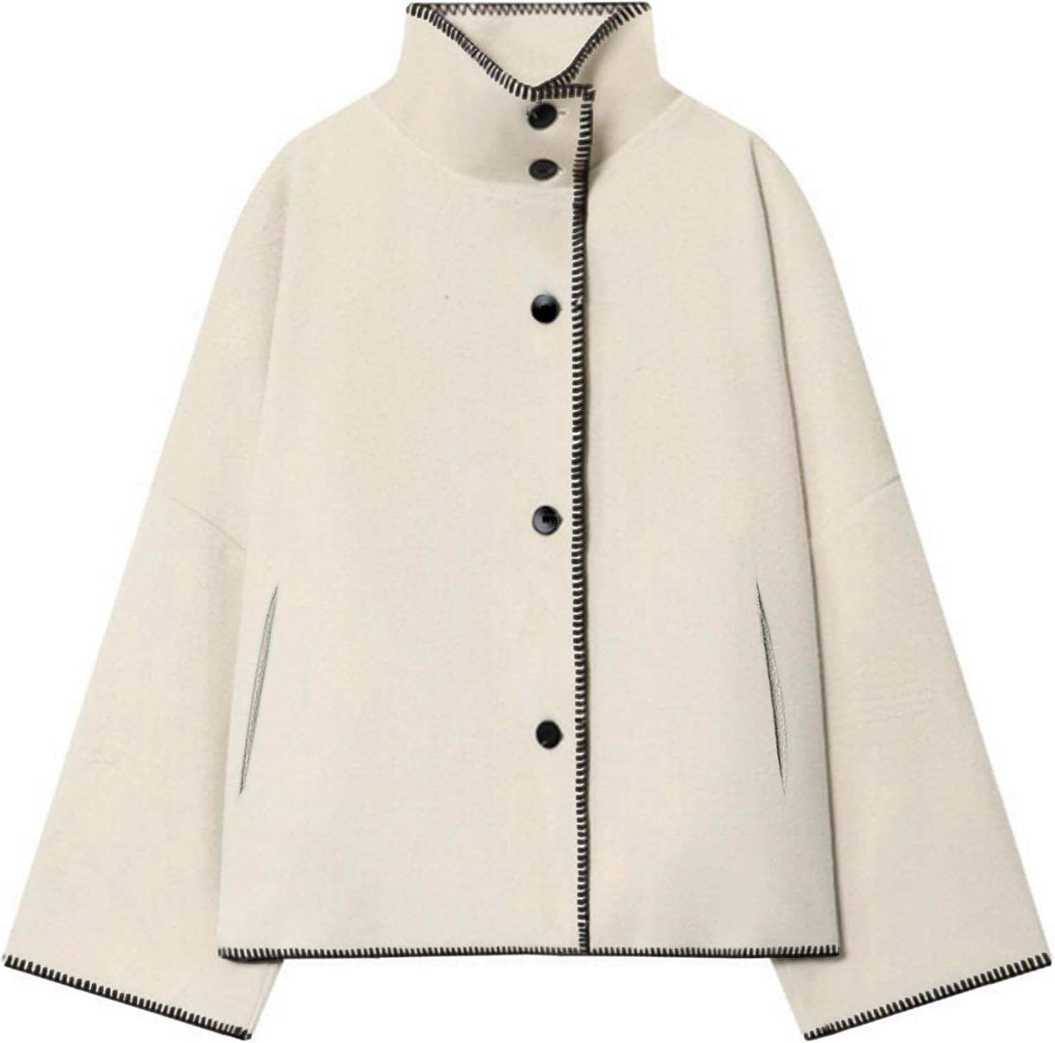 Womens Cropped Wool Jacket Oversized Stand Collar Crop Pea Coat | Amazon (US)
