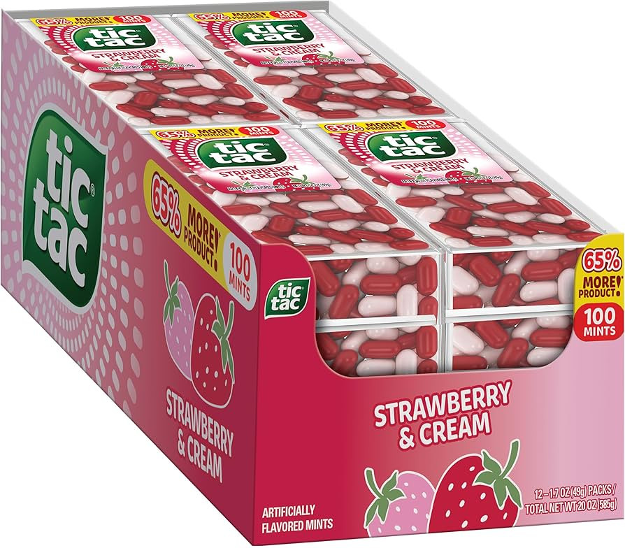 Tic Tac Strawberry & Cream, On-the-Go Pocket-Sized Mints, 100 pieces, Bulk 12 Pack, 1.7 oz Each | Amazon (US)
