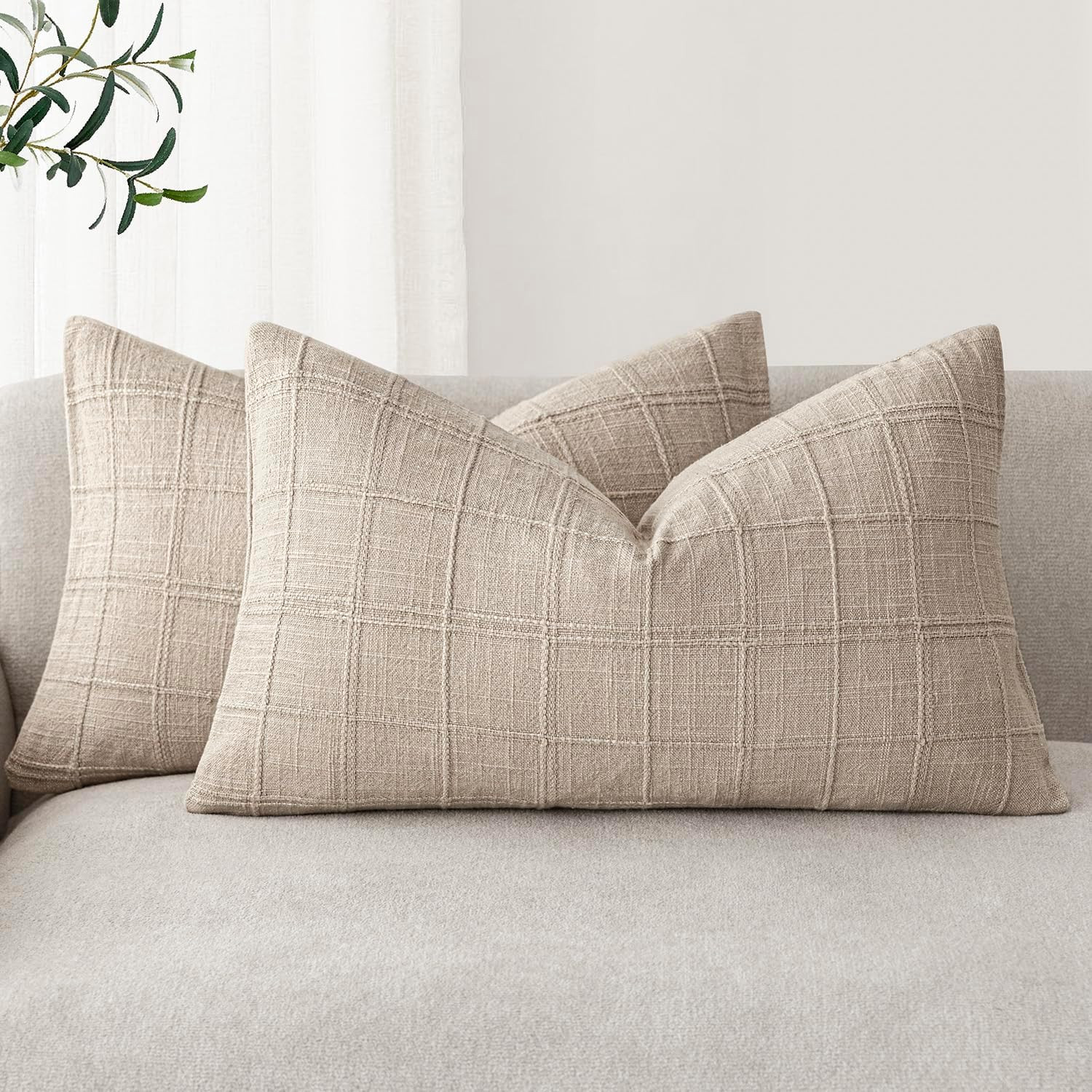 Foindtower Set of 2 Decorative Linen Check Throw Pillow Covers Neutral Farmhouse Lumbar Cushion C... | Amazon (US)