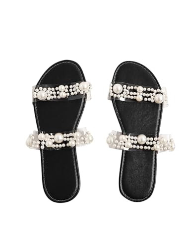 OYOANGLE Women's Pearl Decor Clear Double Strap Open Toe Slide Sandals Dressy Summer Slip on Flat Sandals Black Pearl 9.5 | Amazon (US)