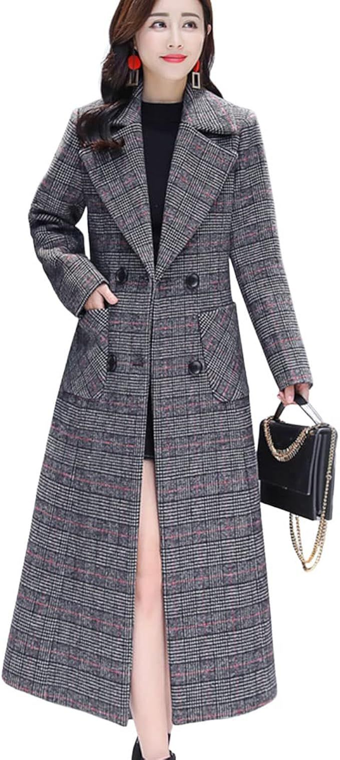 ebossy Womens Double Breasted Thoundstooth Plaid Trench Coat Wool Blend Peacoat | Amazon (US)